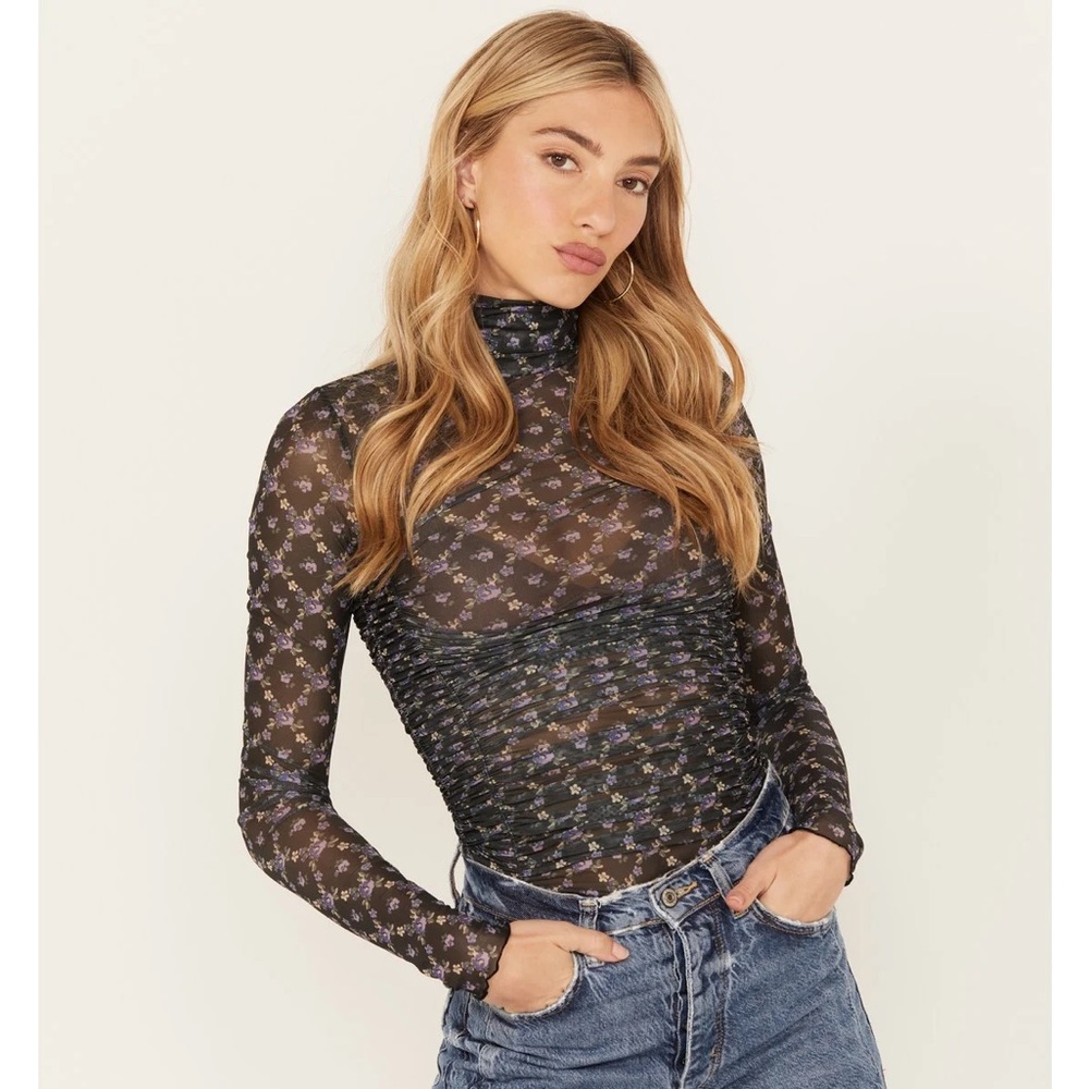 free people black floral turtle neck body suit size xs